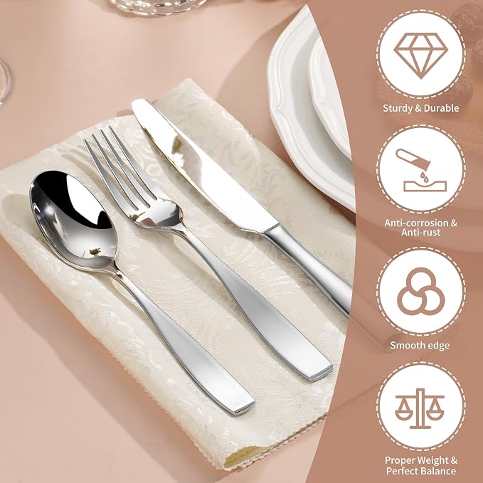 40-Piece 18/10 Heavy Flatware Set for 8, Thick Handle Forged Stainless Steel Silverware, Dishwasher Safe, Ideal for New Home Essentials Gift