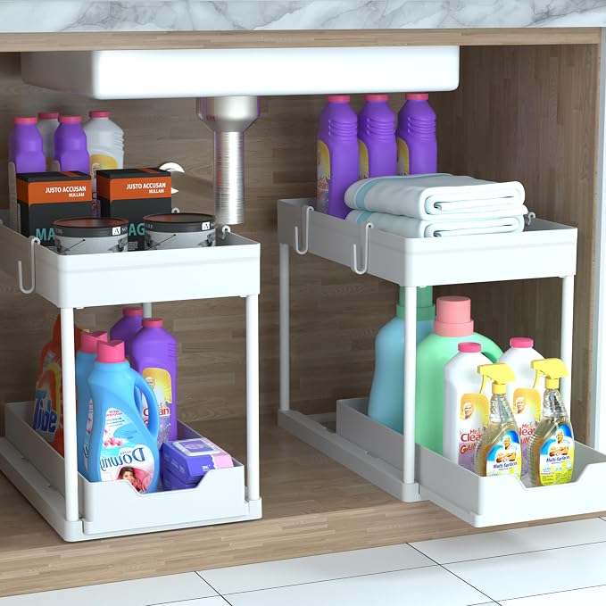 Under Sink Organizer 2 Pack,2 Tier Slide Out Storage for Kitchen Bathroom | Multi-purpose Under Cabinet Storage Rack Fit Kitchen Sink, Bathroom Vanity, Easy Assembly