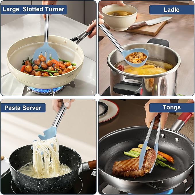 Vayvnt Silicone Kitchen Utensils Set, NonToxic, Plastic-Free, 8PCS, Blue | Heat Resistant Silicone Cooking Utensils, Non Scratch Spatula for Non Stick Pan, Long Stainless Steel Handle, Dishwasher Safe