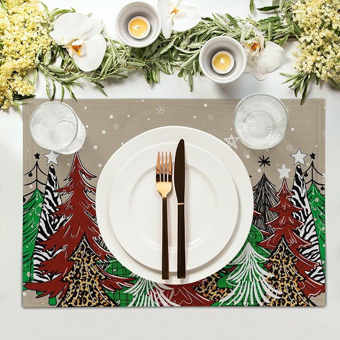Watercolor Xmas Tree Placemats for Dining Table Set of 4, 12 x 18 Inch Winter Snowflake Heat Resistant Xmas Linen Dining Table Mats for Home Kitchen Tabletop Decoration