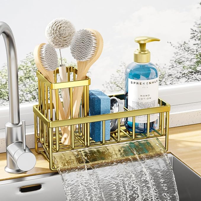 Kitsure Sponge Holder for Kitchen Sink, 7.9"x3.7"x6.2", Gold | Kitchen Sink Caddy, Home Decor Accessories, Stainless Steel, High Brush Holder