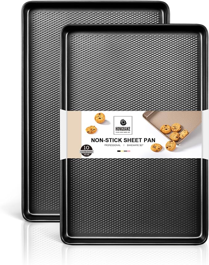2 Pack Jelly Roll Pan Set 15x10, Cookie Sheets for Baking with Diamond Texture, Baking Sheets Non Stick, Non Toxic Oven Trays for Cooking, Heavy Duty 57% Thicker Carbon Steel, Dark Gray