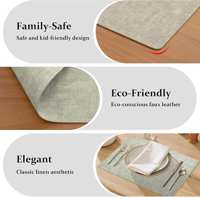 FROMHEART Faux Leather PU Placemats Set of 6 (Light Green,11.8" x 17") | Waterproof,Heat/Oil Stain-Resistant Table Mat–Reversible,Non-Slip,Easy to Clean Place Mats for Kitchen,Dining,Indoor/Outdoor