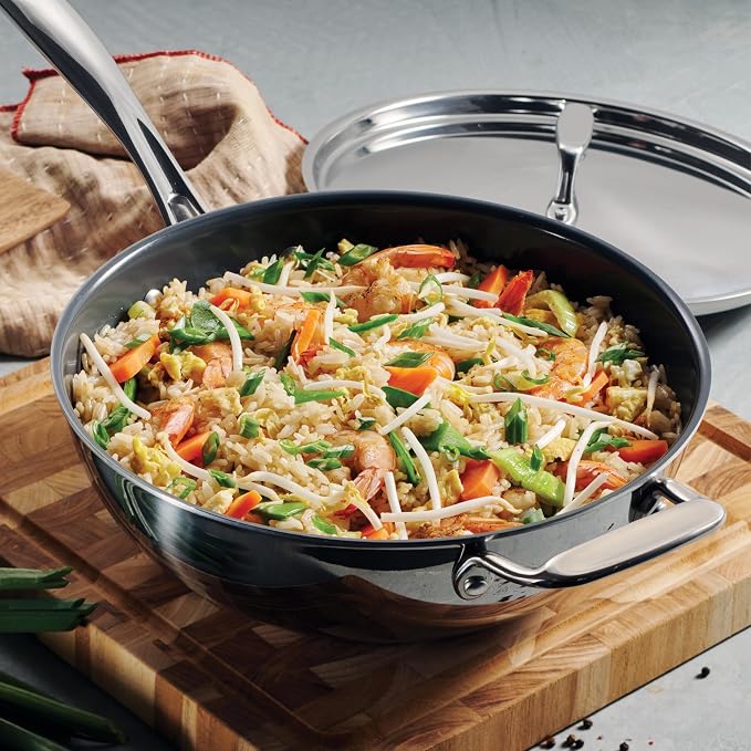 Tramontina Utsava Tri-Ply Clad Stainless Steel 3.75-Quart Wok with Lid | Ceramic Non Stick Interior, Induction-Ready Cooking Pan