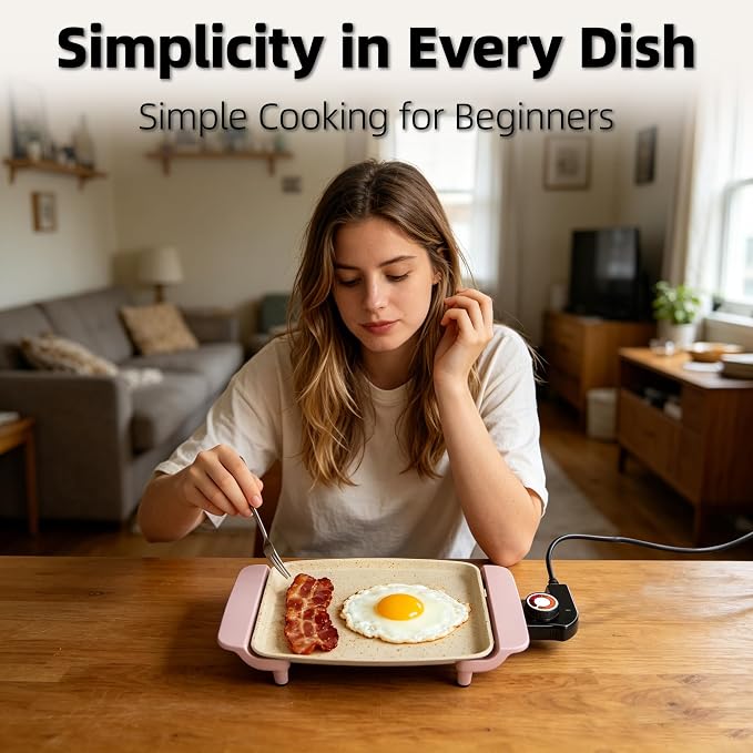 Small Electric Griddle, 10 Inch Mini Ceramic Non-Stick Electric Skillet with Adjustable Thermostat, 1200W Single Serve Grill for Breakfast, Cooking for Pancakes, Eggs, Sausage, Pink
