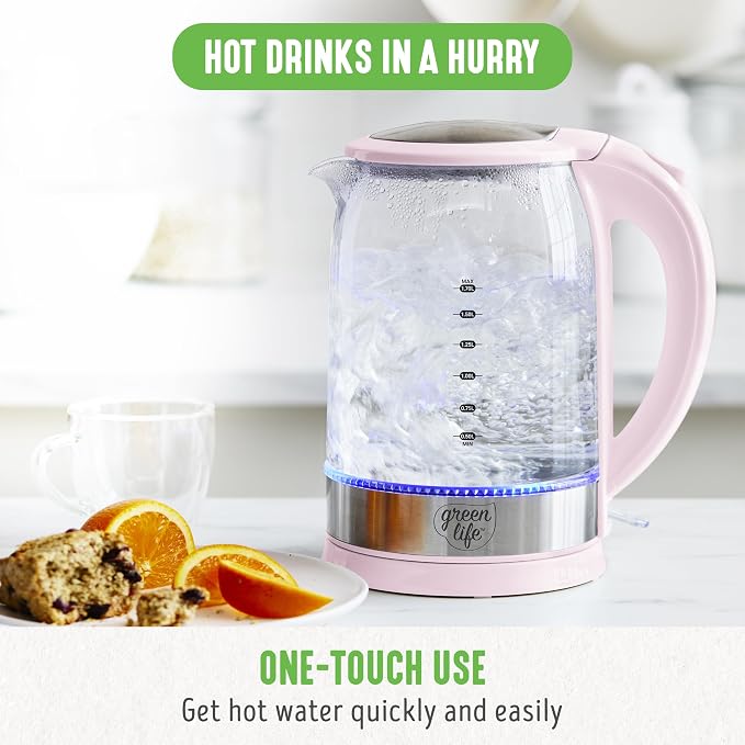 GreenLife 1.7 Liter Electric Glass Kettle, Pink | Glass Body, Auto Shutoff, Thermal Shock Resistant, Quick Heating, Easy One Touch Use, Cordless Serving, LED Base, Coffee/ Tea