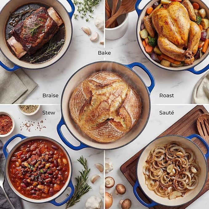 Zulay Kitchen 6.4QT Enameled Cast Iron Dutch Oven Pot with Lid, Heavy-Duty Soup Pot for Stews, Braising, Roasting & Sourdough Bread Baking, Oven Safe up to 500°F - Blue