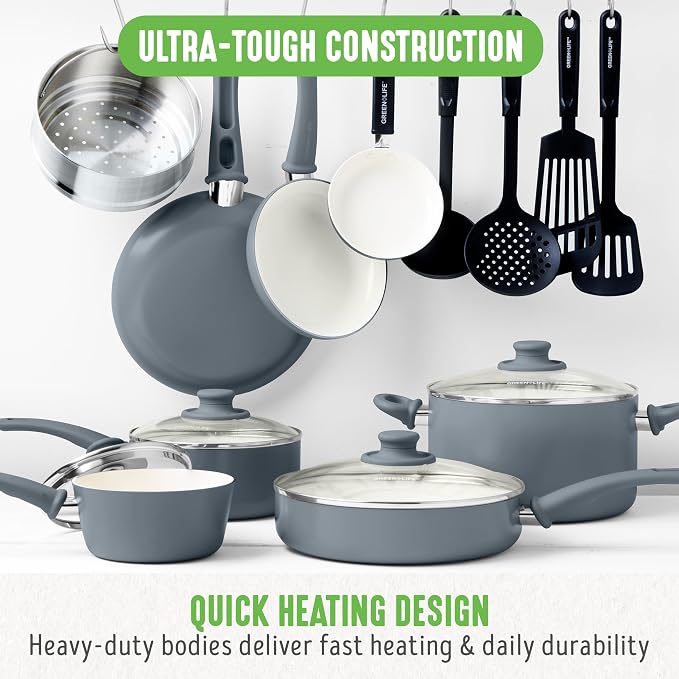 GreenLife 16 Piece Ceramic Nonstick Pots & Pans Cookware Set, Gray | PFAS-Free Nonstick Coating, Stockpot, Frying Pans, Saucepans, Sauté Pan, Stay-Cool Handles, Dishwasher & Oven Safe up to 350F