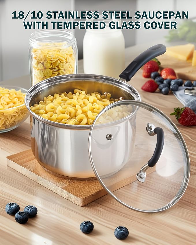 Cook N Home Professional 2 Quart Stainless Steel Saucepan with Lid, Small Kitchen Induction Cooking Sauce Pot Pan, Stay-Cool Silicone Handle, Dishwasher Safe