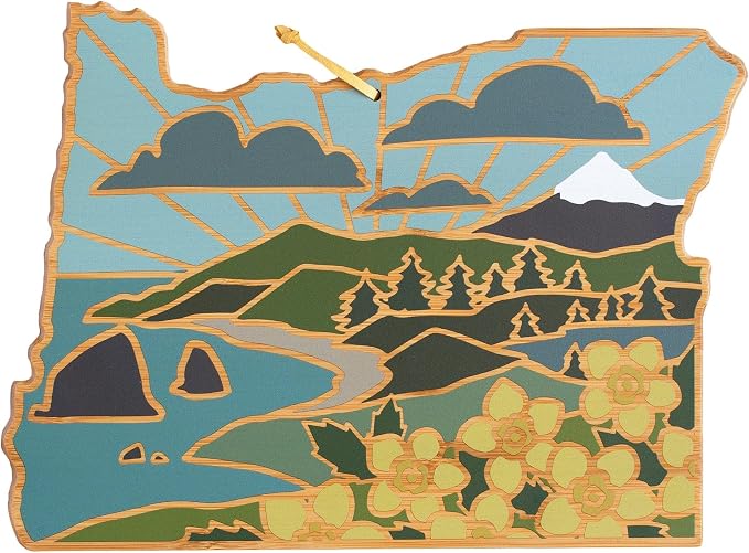 Totally Bamboo Oregon State Shaped Cutting Board, Summer Stokes Art | State charcuterie board with colorful hand-drawn landscape art. Smooth reverse side for food prep. Hang tie for wall display.