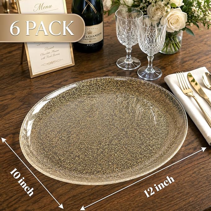 6Pack Gold Glitter Plastic Serving Trays Serving Platters for Party | 10x12inch Heavy Duty Oval Disposable Serving Platters for Cookie/Appetizer - Gold Glitter Serving Trays for Party/Wedding/BBQ