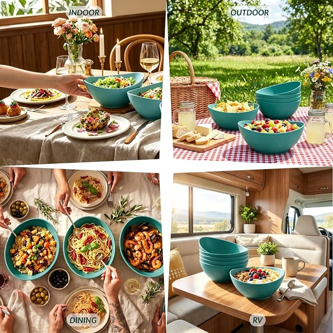 Salad Bowls 6 PCS Wheat Straw Bowls - 60oz Large Serving Bowl - Microwave and Dishwasher Safe Centerpiece Bowl Big Soup Bowl for Kitchen, Camping, Picnic, Party, Popcorn Bowl Set - Green