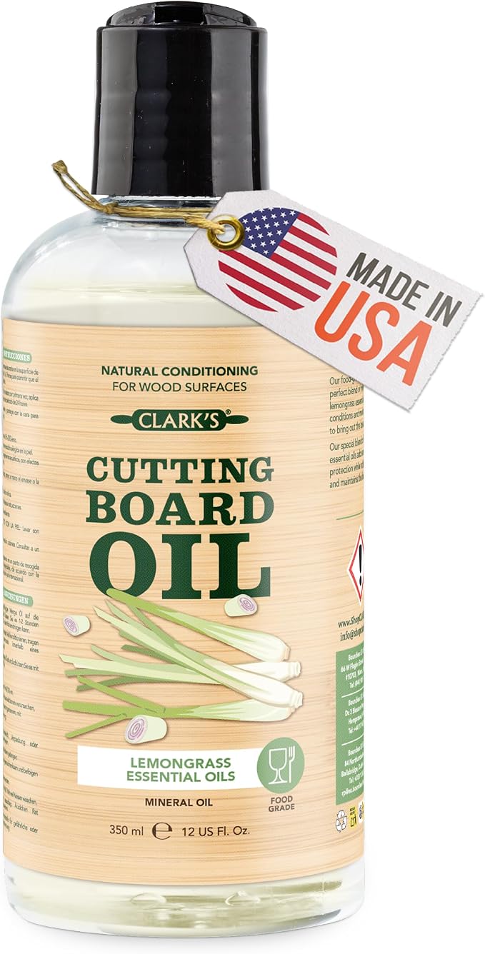 CLARK'S Cutting Board Oil 12 Oz, Food Grade Mineral Oil - Lemongrass Scent | Mineral Oil for Wood Cutting Board Added Lemongrass Essential Oils - Butcher Block Conditioner - Restores and Protects Wood