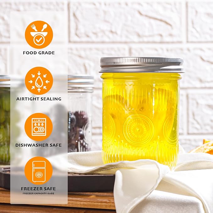 Amzcku 16 oz Vintage Mason Jars with Lids, Regular Mouth Canning Jar, Safe For Storage, Canning, Pickling, Preserving, Fermenting, DIY Crafts & Decor 6 Pack
