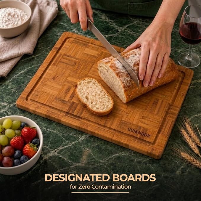 Pack of 3 Pre-Oiled Bamboo Cutting Board Set with Holder | Extra Thick End Grain Bamboo Wooden Cutting Board for kitchen with Deep Juice Grooves | Non Toxic Chopping Board Set with Build-in Handles