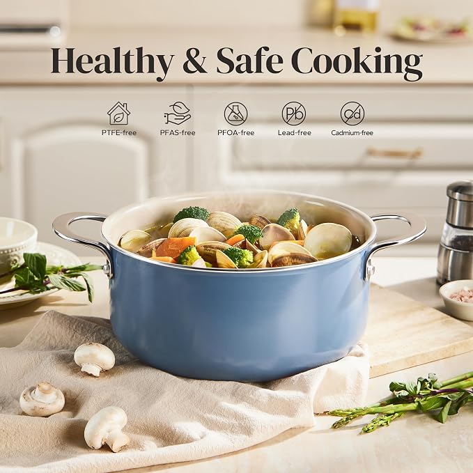 Redchef Ceramic Stock Pot, Induction Cooking Pot with Glass Lid for Soup, 5Qt Stockpot Nonstick Soup Pot, Even Heating, Stay-Cool Handles,Fits All Stoves, Oven/Dishwasher Safe, PFAS Free (Blue)