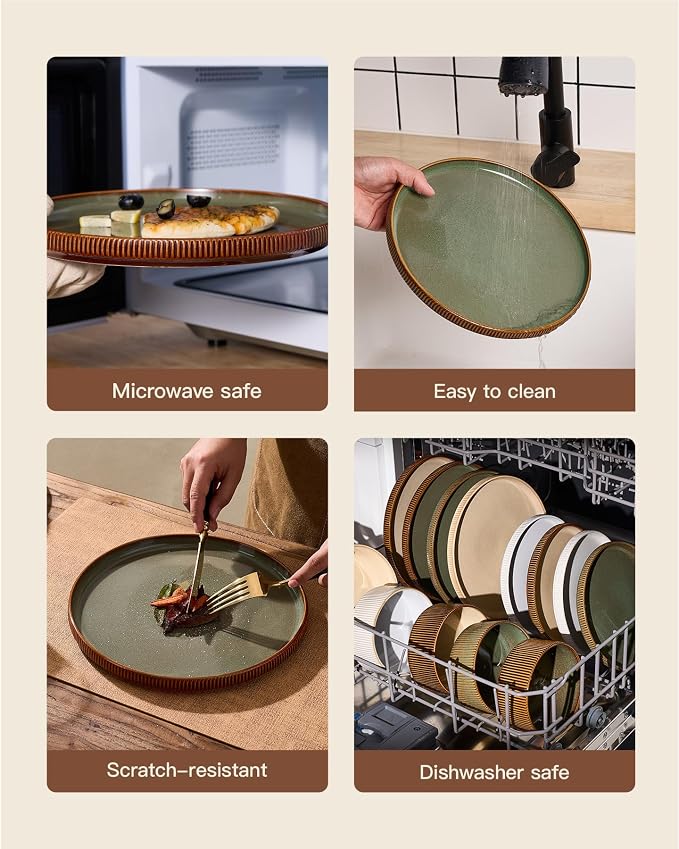 Stoneware Dinnerware Sets, Reactive Glaze Dishes Set for 8 | 24-Piece Handmade Ceramic Plates and Bowls, Microwave & Dishwasher Safe, Chip & Scratch Resistant, Modern Rustic, Green Brown