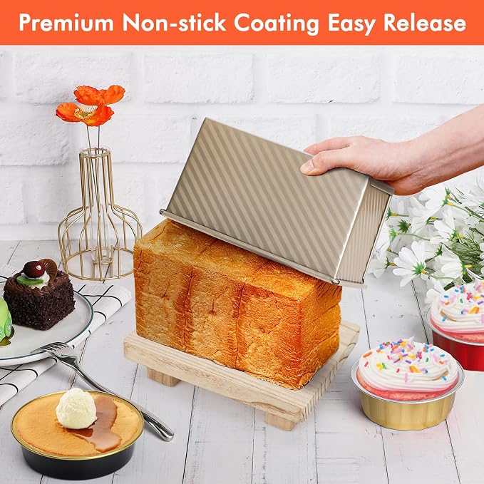 Beasea Pullman Loaf Pan With Lid, Non-Stick Carbon Steel Corrugated Bread Toast Box Mold With Cover Baking Tools - Gold