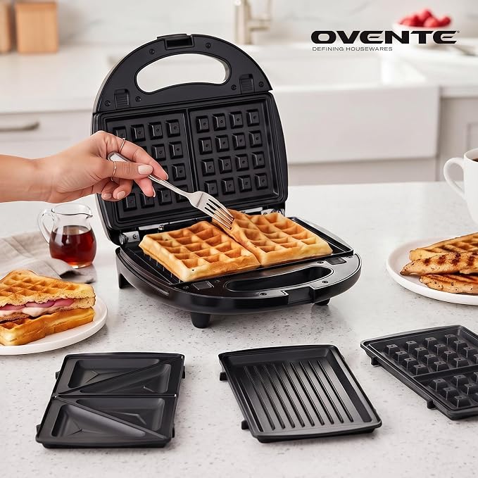 OVENTE Electric Sandwich, Panini and Waffle Maker Set, Black GPI202B | 3 Removable Non-Stick Plates, 750 Watts, Perfect for Grilled Cheese, Tuna Melts, Burgers, Steaks and Snacks