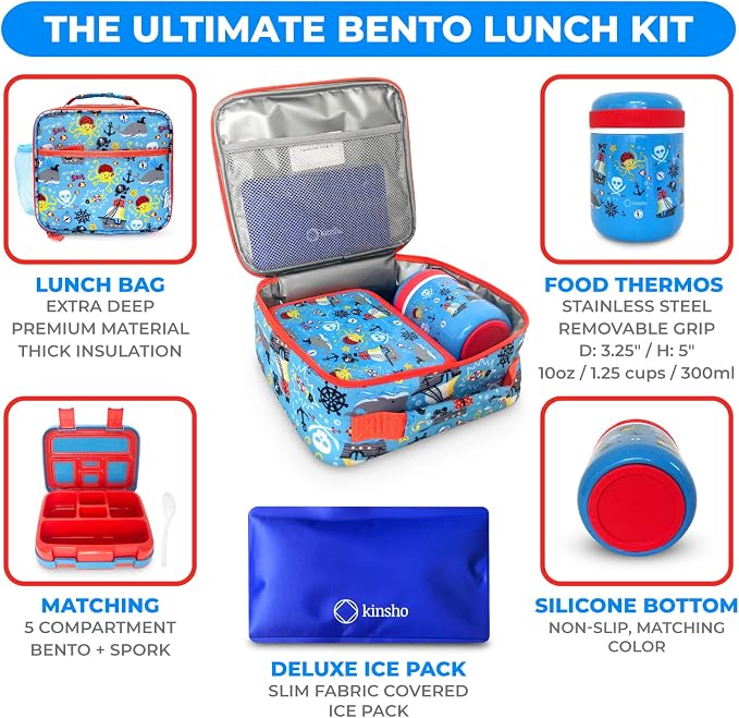 kinsho kids Bento Lunch Box Set with Thermo, Bag & Ice Pack, Blue Pirates | 5 Compartments, Removable Tray, Small Meal Snack Container for Boys Toddlers, Daycare Pre-School Kindergarten, Steel Food Jar