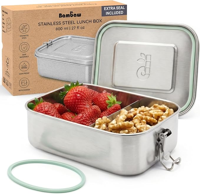 Bambaw Stainless Steel Bento Box 27 oz, Metal Lunch Box with Compartments, Leakproof Stainless Steel Lunch Container, BPA free Dishwasher Safe Metal Lunchbox