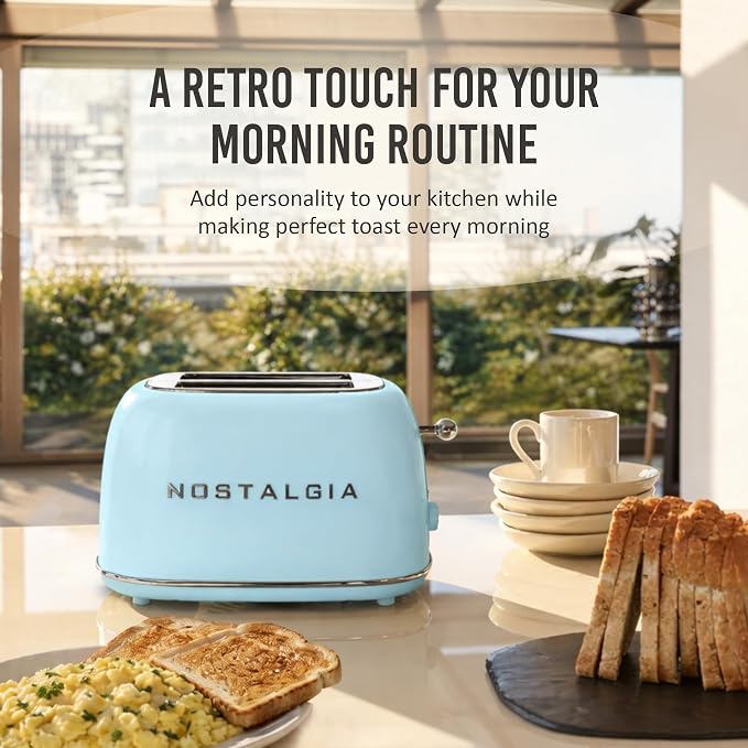 Nostalgia Classic Retro 2-Slice Toaster- Vintage Design- Enamel Coated Steel Body- Wide Slots for all Breads- Crumb Tray, Cord Storage- Defrost,Cancel and Bagel Function & 6 Toasting Levels- Aqua