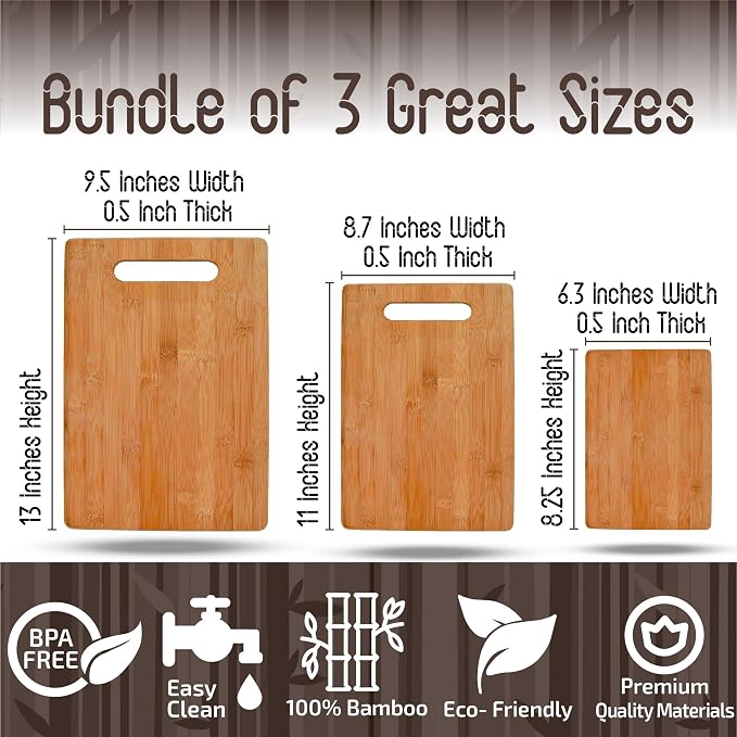 Bamboo Cutting Boards for Kitchen - Set of 3 Reversible Wood Cutting Boards with Handle, Large Medium Small Chopping Boards for Meat Vegetables Fruit Cheese Bread, Knife Friendly, 13x9.5 11x8.5 8x6