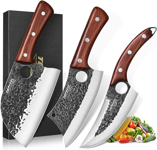 Topfeel 3PCS Hand Forged Butcher Knife Set, High Carbon | Viking and Serbian chef knives for meat cutting. Perfect for kitchen, outdoor camping & BBQ. Great gift idea for men