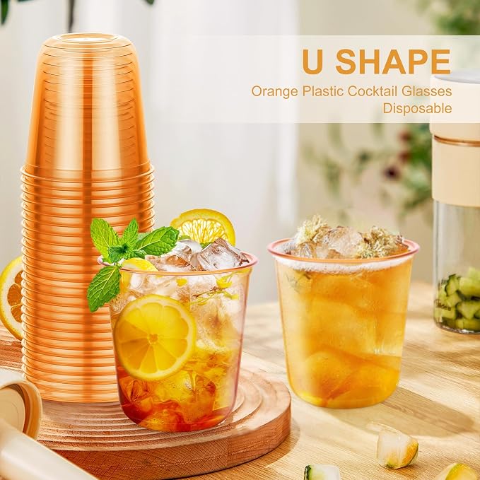 KesaPlan 100Pcs 12oz Orange Plastic Party Cup, Disposable Wine Cocktail Cup | Halloween Fall Cute Crystal Wine Stemless Glasses, Round Bottom PET Cold Drink Cups for Thanksgiving Wedding Birthday Party