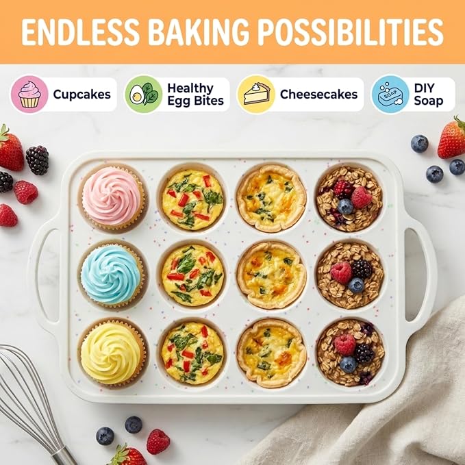 Silicone Muffin Pans, 2-Pack Regular 12 Cup, BPA-Free | Metal Reinforced Silicone Muffin Pans for Baking, Nonstick Silicone Cupcake Pan, Easy Release Surface, Dishwasher Safe