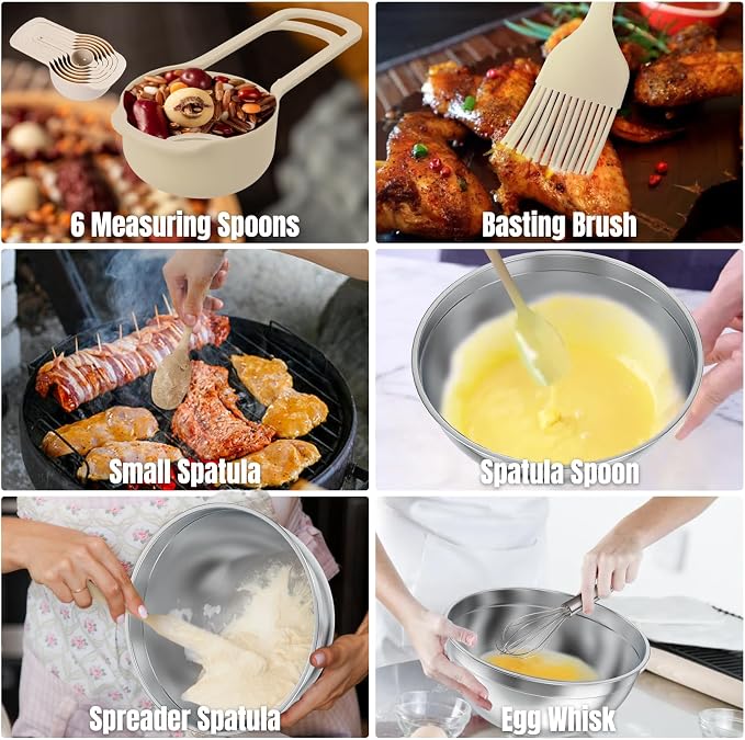 7-Piece Stainless Steel Mixing Bowls Set with Lids & 3 Grater Attachments – Size 4.5, 4, 3.5, 2.1, 1.5, 1.1, 0.7QT, Kitchen Gadgets Set for Cooking, Baking, and Serving, Khaki