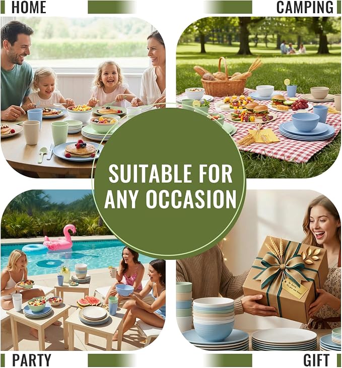 40 PCS Wheat Straw Dinnerware Sets Unbreakable Dishes Set for 8 Plastic Plates and Bowls Sets with Cups Dishwasher & Microwave Safe - Colorful