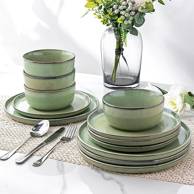 GBHOME Dinnerware Sets for 6, 18 Pieces Ceramic Plates and Bowls Set | Scratch Resistant Stoneware Dishes Set, Dishwasher & Microwave Safe, Reactive Glaze-Pastel Green