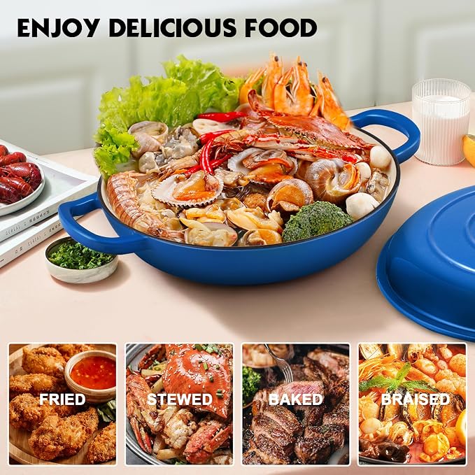 Overmont Enameled Cast Iron Dutch Oven - 3.8 QT Shallow Braiser with Recipe | Enameled Casserole with Lid Potholders, Oven Safe up to 500°F, Cast Iron Cookware for Grilling Searing Roasting Braising Bake