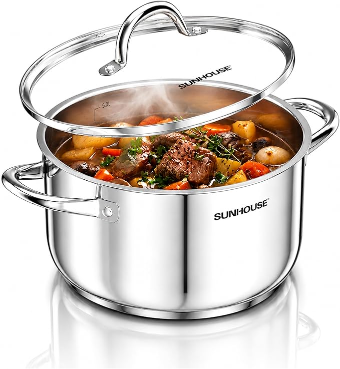Sunhouse Stock Pot with Lid - 7 QT Large Pot for Cooking Pasta, Soup, Ollas | Impact-bonded Base Big Stainless Steel Pots for Canning, Boiling, Spaghetti - Oven Safe & Induction Compatible