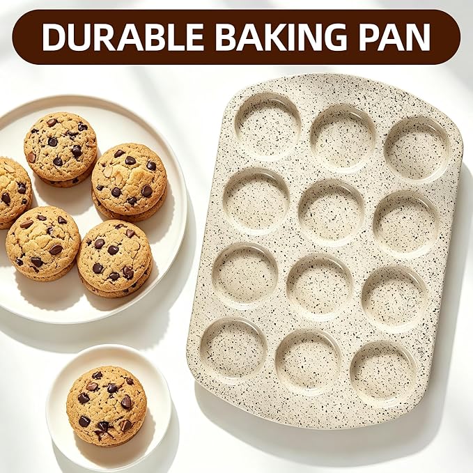 Muffin Top Pan, 12 Cavity Cupcake Pan, 3 Inch Nonstick Bakeware for Eggs, Cornbread, Cookies, Whoopie Pies and Yorkshire Pudding, Set of 2