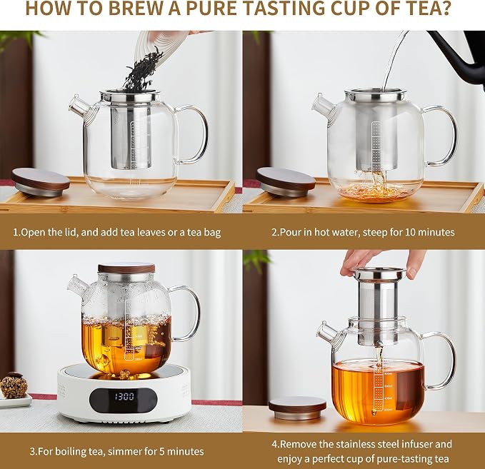 Glass Teapot with Infuser and Lid - 40oz Borosilicate Glass Teapot with Heat-Resistant Handle, Stainless Steel Mesh Infuser for Loose Leaf & Blooming Tea, Stovetop & Microwave Safe