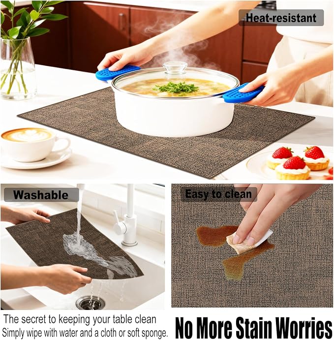 Faux Leather Placemats Set of 6, 11.8"x17.7", Brown | Reversible Table Mats, Waterproof, Stain & Heat Resistant, Easy Clean for Dining, Gatherings, Outdoor
