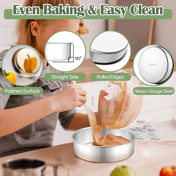 E-far 7 Inch Cake Pan Set of 2, Stainless Steel Round Baking Pans Tins Mold | Non-Toxic & Leak-Proof for Birthday Wedding Layer Tiered Cake, Easy Clean & Dishwasher Safe