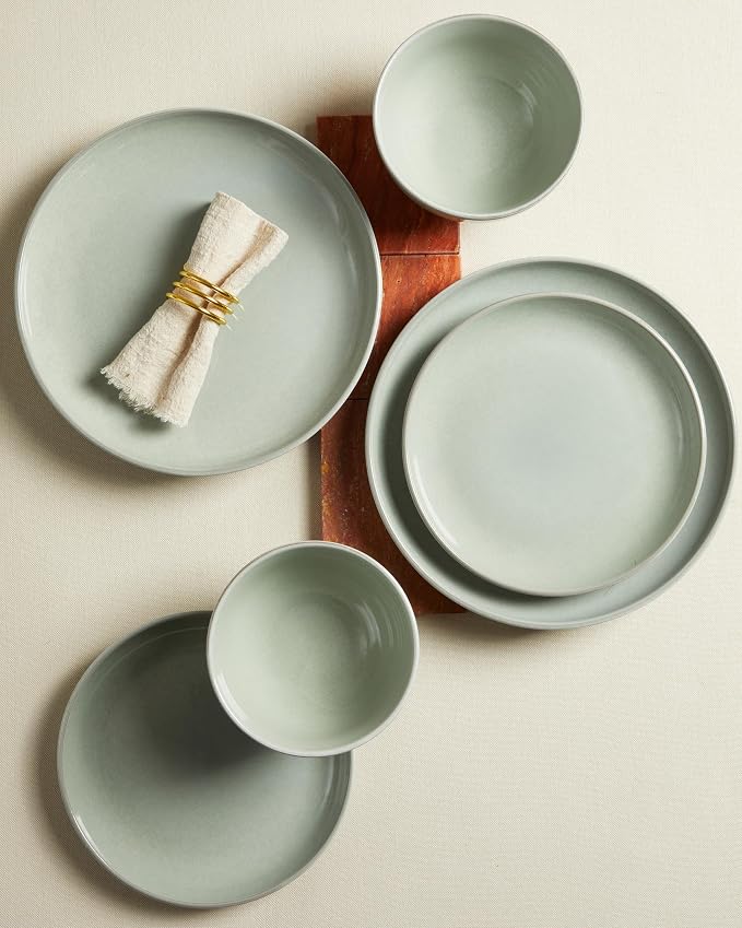 18 Piece Dinnerware Set for 6, Reactive Glaze Terracotta Plates and Bowls Set, Large Family-Sized Stoneware Dish Set for Gatherings, Chip and Scratch Resistant, Slate Green