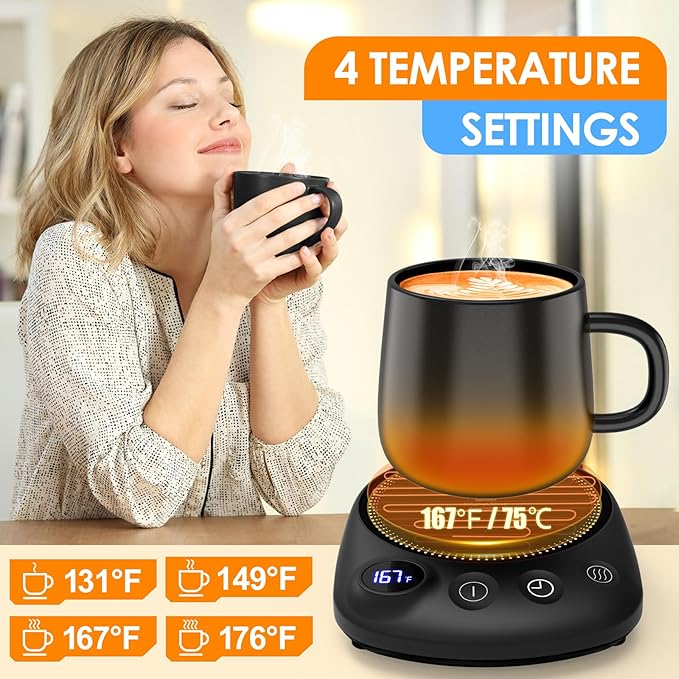 Coffee Mug Warmer - Fastest Heating & Highest Temperature, Coffee Cup Warmer for Desk Auto Shut Off, 4 Temp Settings & 1-12H Timer, Smart Electric Beverage Warmer for Coffee, Tea (Black)