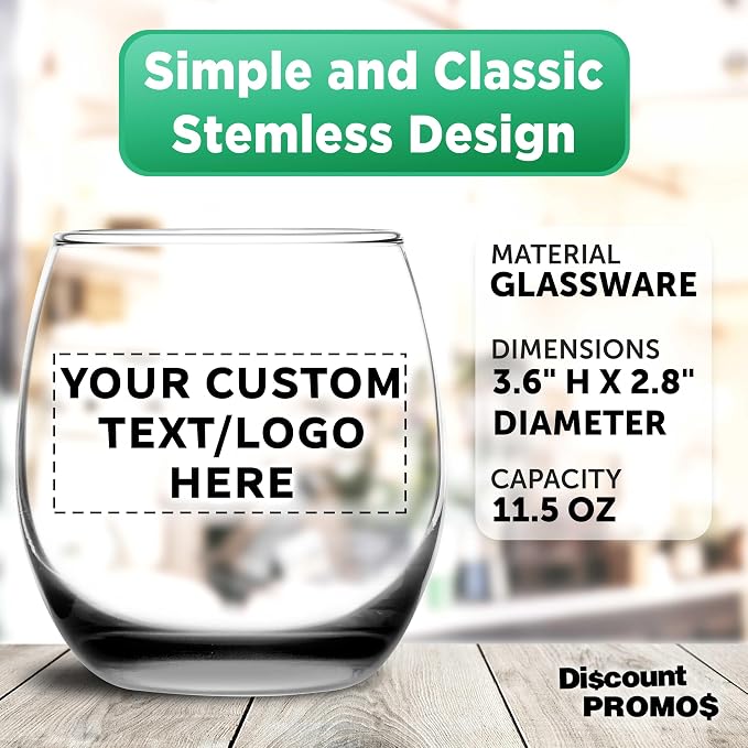 Custom Mikonos Stemless Wine Glasses 11.5 oz. Set of 10/50/100, Personalized Bulk Pack - Restaurant Glassware, Perfect for Red Wine, White Wine, Cocktails - Black