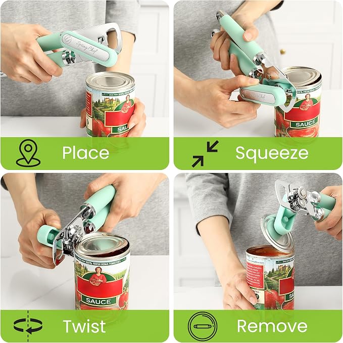 Spring Chef Stainless Steel Manual Can Opener with Soft Grip Handles, Mint | Heavy Duty Hand Can Opener for Seniors with Smooth Edge, Easy Turn, 3in1 Can Opener with Magnetic Lid Remover & Bottle Opener
