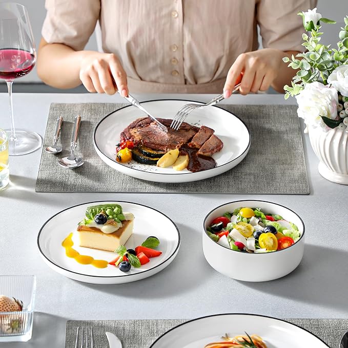 MALACASA 18 Pcs Porcelain Plates and Bowls Sets,Dinnerware Set for 6,White | Modern Ceramic Dishware Set,Kitchen Dining Ware,Microwave and Dishwasher Safe,Simple White with Black Trim Design,Series LUNA
