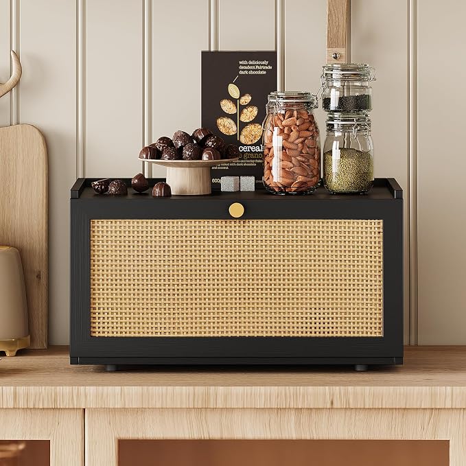 Trironsun Rattan Bamboo Bread Box for Kitchen Counter Large Capacity Bread Storage Bin Farmhouse Bread Storage Container Rustic Bread Holder (Black)