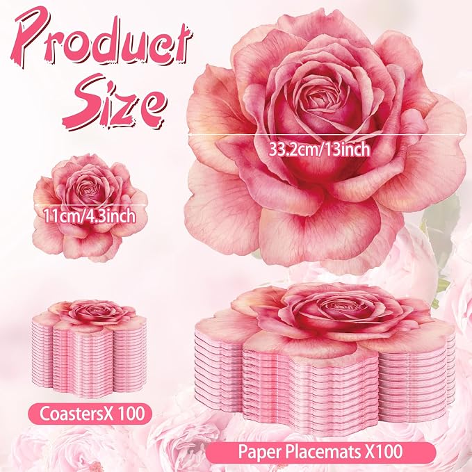 Geosar 200 Pcs Pink Floral Paper Placemats and Coasters Spring Summer Flower Chargers Table Mat Disposable Rose Flower Placemat with Coasters for Tea Party Wedding Bridal Baby Shower Birthday 13''
