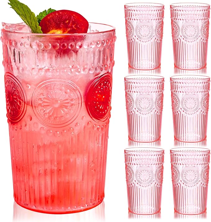 Ciaell 12 Pack Pink Plastic Water Glasses for Parties | 14 oz Pink Embossed Ribbed Vintage Drinking Cups, Heavy Duty Plastic, Beer Juice Cocktails for Weddings Outdoor Brunch