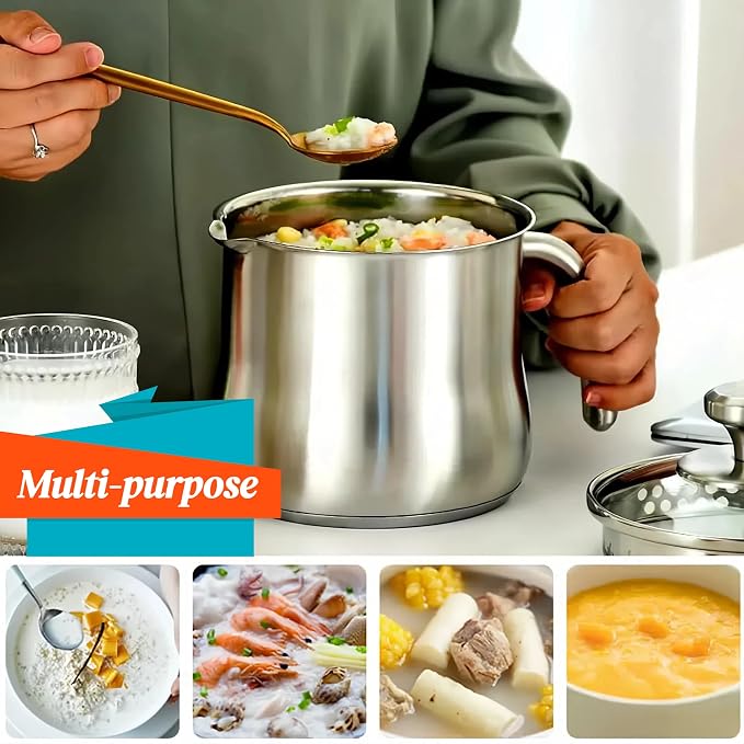 1.8-Quart Stainless Steel Saucepan with Pour Spout & Glass Lid – Perfect for Boiling Milk, Making Sauces, Gravies, Pasta & Noodles | No Coating, Easy Clean, Kitchen Essential