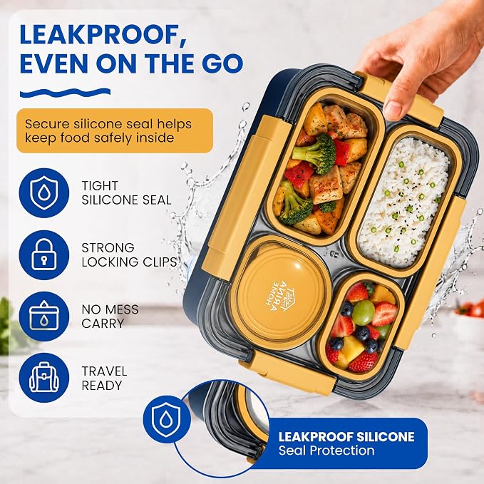 Large 11" x 8" Stainless Steel Bento Lunch Box for Adults with 4 Compartments Leakproof Lid BPA-Free 304 Stainless Steel Food Container That Keeps Food Separate,Ideal for Office and Travel use,Yellow