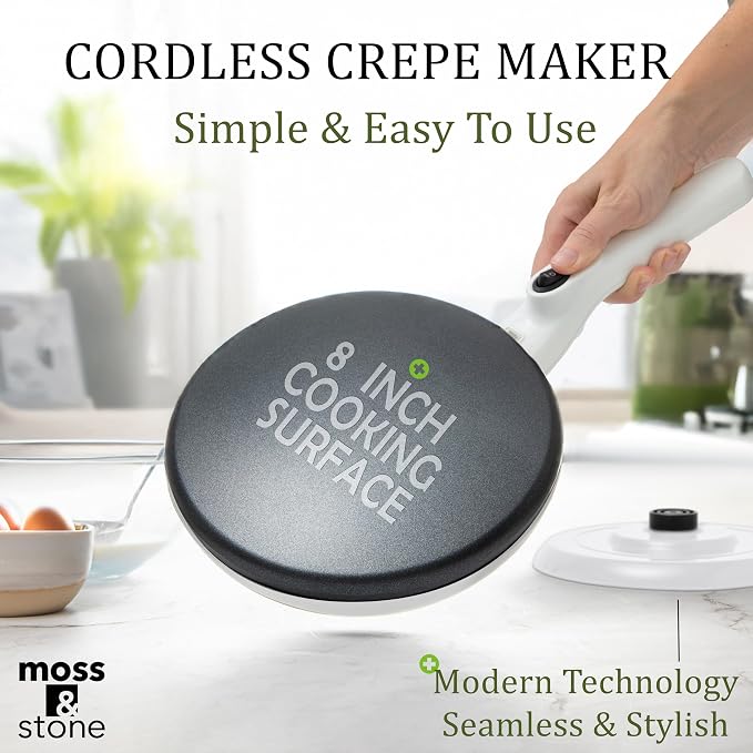 Moss & Stone Cordless Electric Crepe Maker, 8" Portable Nonstick Crepe Pan | Nonstick dipping plate, auto shut-off, on/off switch, even heating, dual temperature setting, compact design